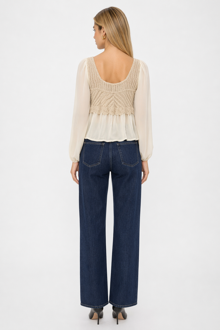 Crocheted Women's Top with Layered Floral Chiffon Beige