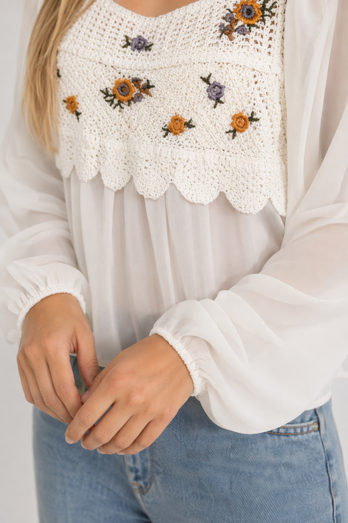 Crocheted Women's Top with Layered Floral Chiffon White