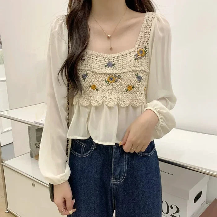 Crocheted Women's Top with Layered Floral Chiffon: cream, off-white floral theme, romantic vintage cottagecore style