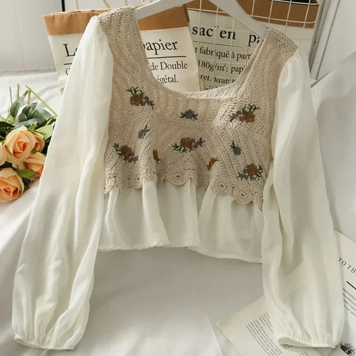 Crocheted Women's Top with Layered Floral Chiffon: cream, off-white floral theme, romantic vintage cottagecore style