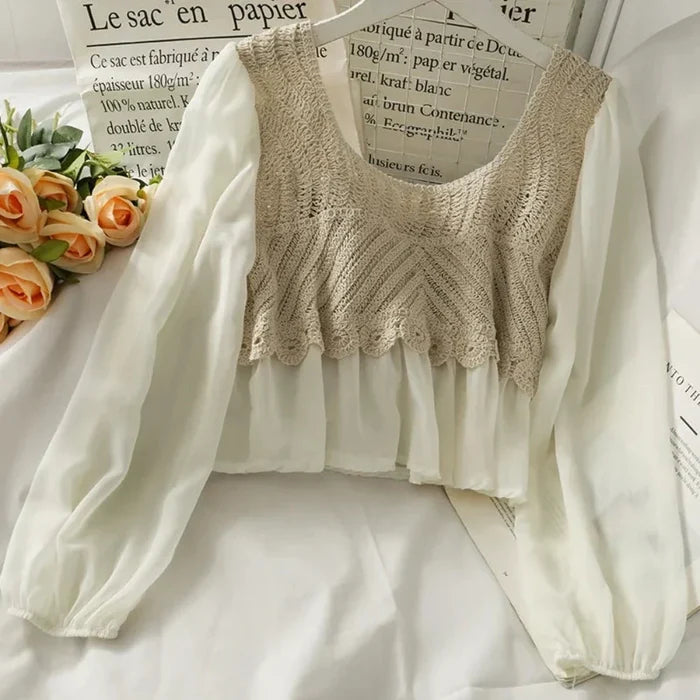 Crocheted Women's Top with Layered Floral Chiffon: cream, off-white floral theme, romantic vintage cottagecore style