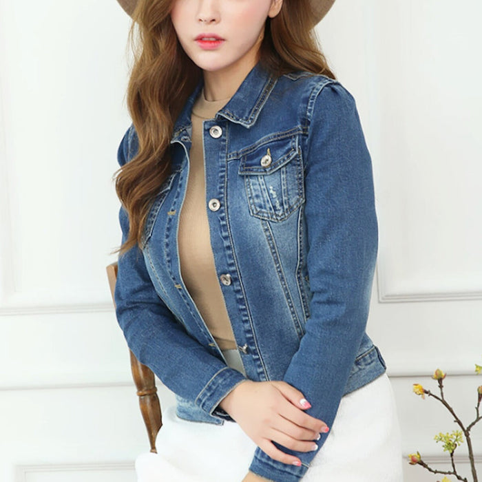 Cropped Denim Jacket for Women: medium blue, blue-gray denim jacket, casual style