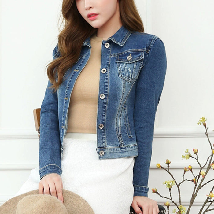 Cropped Denim Jacket for Women: medium blue, blue-gray denim jacket, casual style