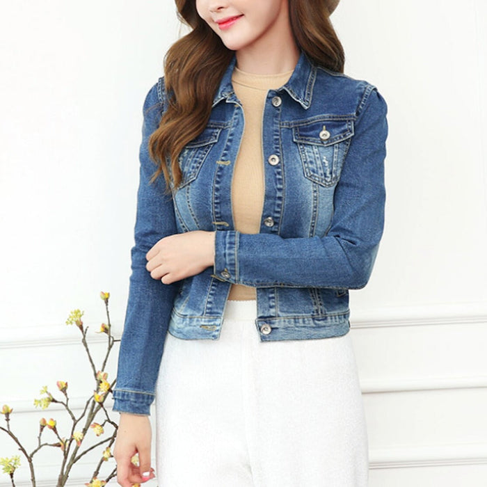 Cropped Denim Jacket for Women: medium blue, blue-gray denim jacket, casual style