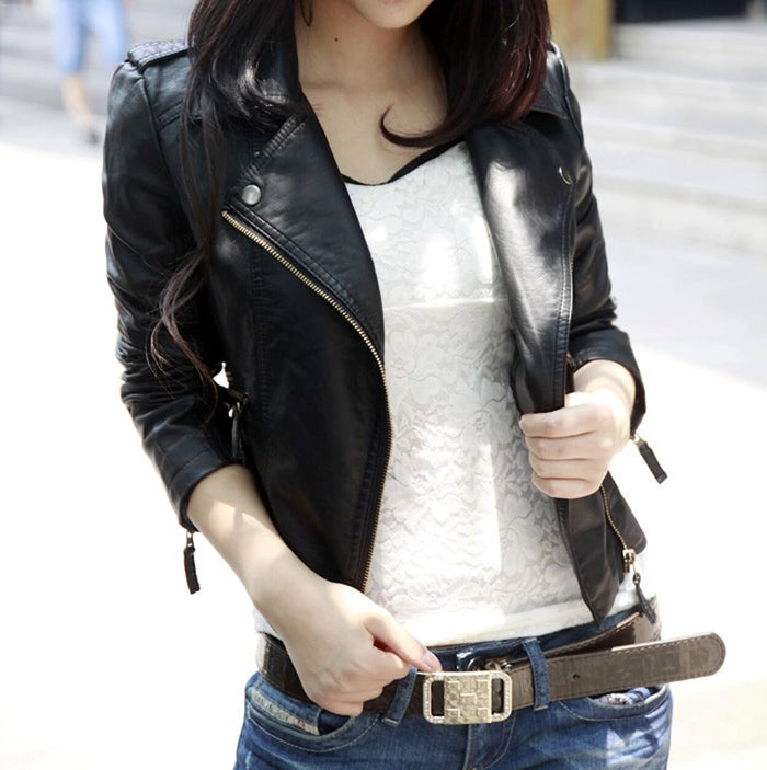 Cropped Faux Leather Jacket for Women: black, gold jacket, biker style