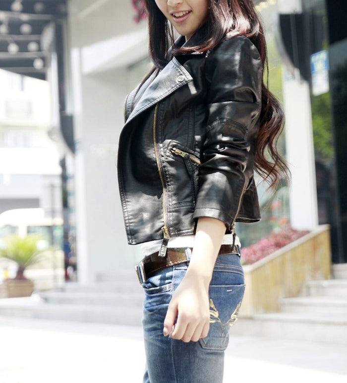 Cropped Faux Leather Jacket for Women: black, gold jacket, biker style