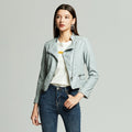 Cropped Motorcycle Jacket for Women with Slim Fit: light gray-blue, silver jacket, minimal moto-inspired style
