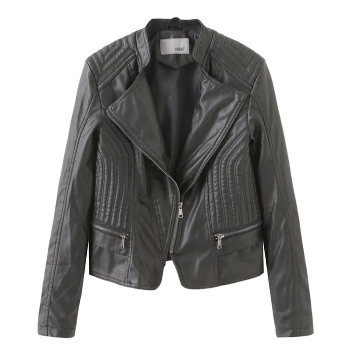 Cropped Motorcycle Jacket for Women with Slim Fit: light gray-blue, silver jacket, minimal moto-inspired style