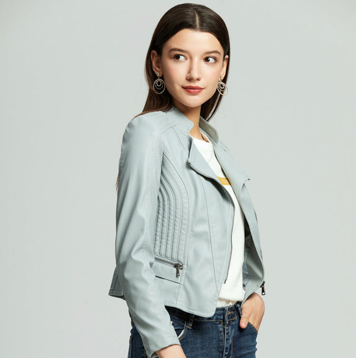 Cropped Motorcycle Jacket for Women with Slim Fit: light gray-blue, silver jacket, minimal moto-inspired style