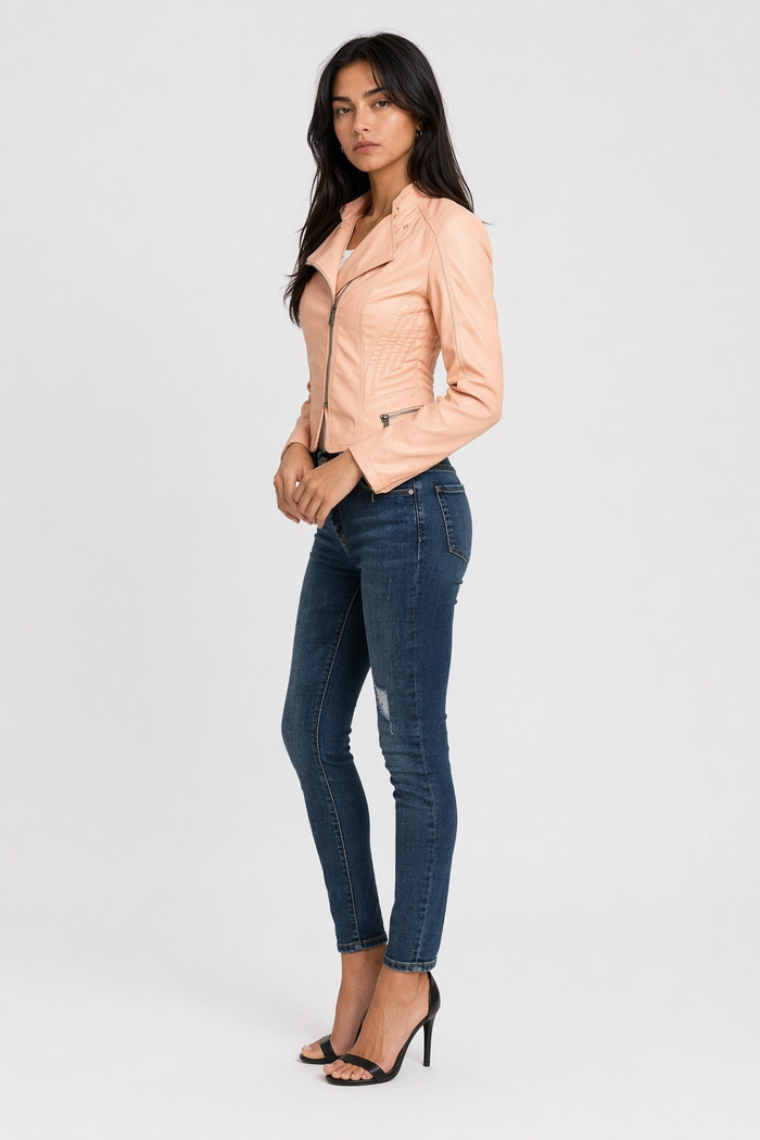 Cropped Motorcycle Jacket for Women with Zipper Accents Pink