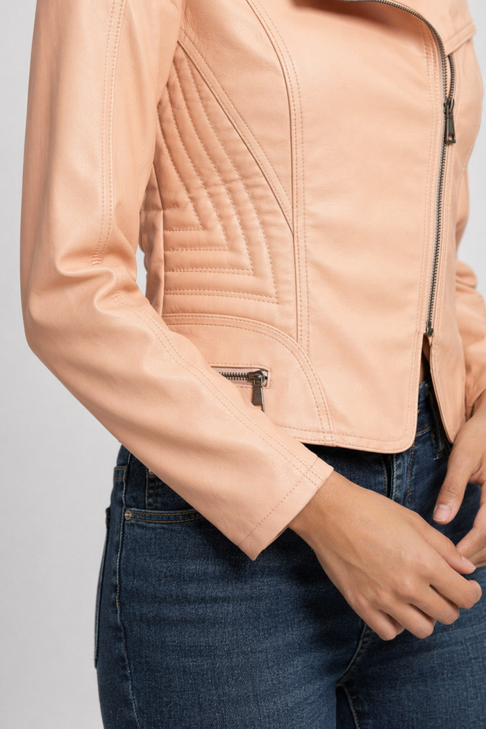 Cropped Motorcycle Jacket for Women with Zipper Accents Pink