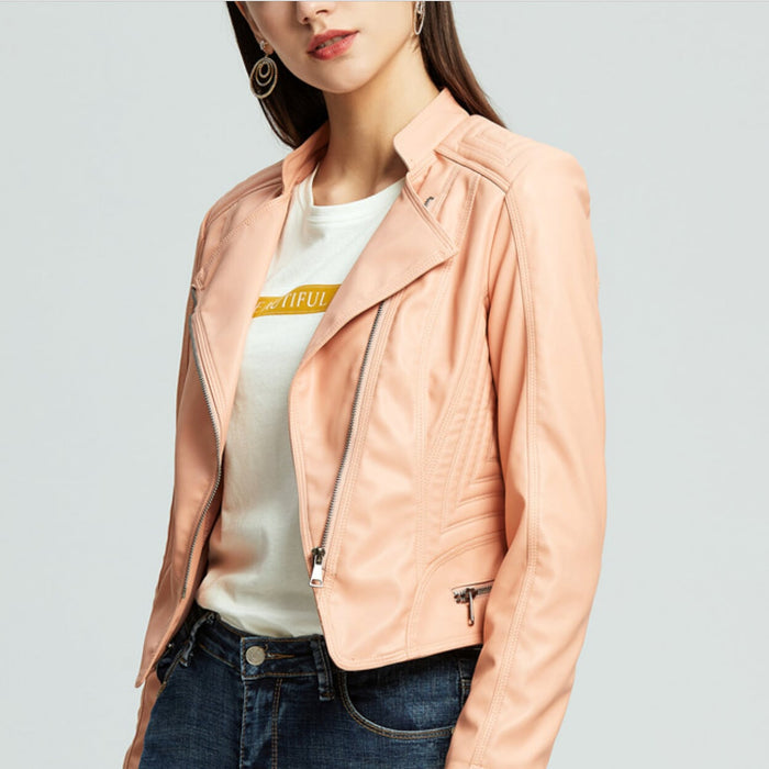 Cropped Motorcycle Jacket for Women with Zipper Accents: light pink, silver jacket, moto biker style