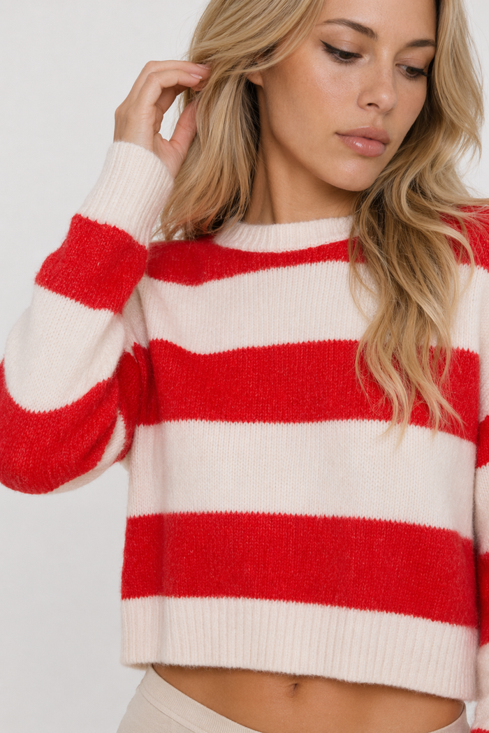 Cropped Sweater with Stripes for Women Red