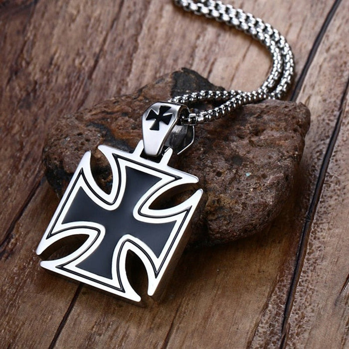 Cross Charm Pendant for Necklace: silver, black Iron Cross symbol, bold graphic style
