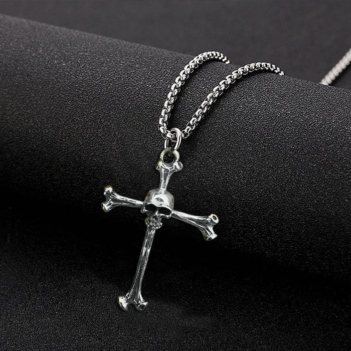Cross Necklace with Skull Pendant: silver, black skull and cross, gothic style