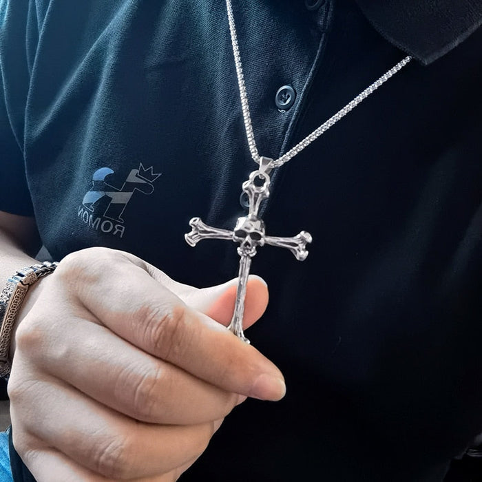 Cross Necklace with Skull Pendant: silver, black skull and cross, gothic style