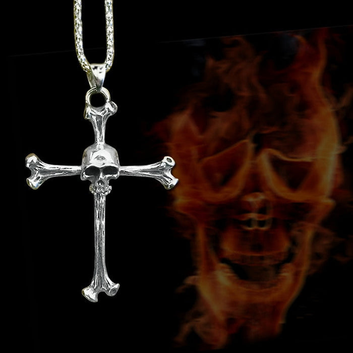 Cross Necklace with Skull Pendant: silver, black skull and cross, gothic style