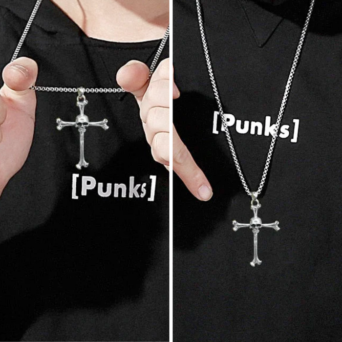 Cross Necklace with Skull Pendant: silver, black skull and cross, gothic style
