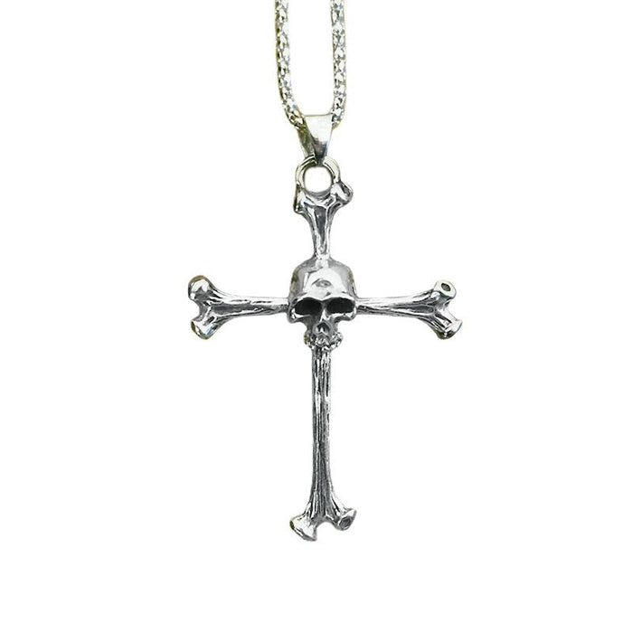 Cross Necklace with Skull Pendant: silver, black skull and cross, gothic style