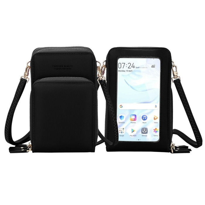 Crossbody Wallet Pouch for Touchscreen Devices: black, gold-tone metal crossbody phone pouch/case, minimal style