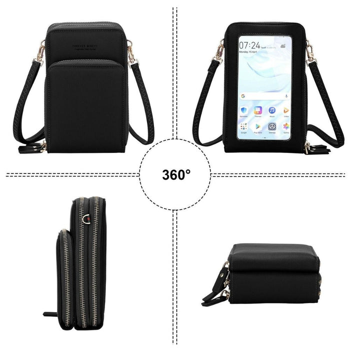 Crossbody Wallet Pouch for Touchscreen Devices: black, gold-tone metal crossbody phone pouch/case, minimal style