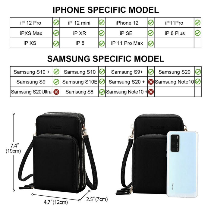 Crossbody Wallet Pouch for Touchscreen Devices: black, gold-tone metal crossbody phone pouch/case, minimal style