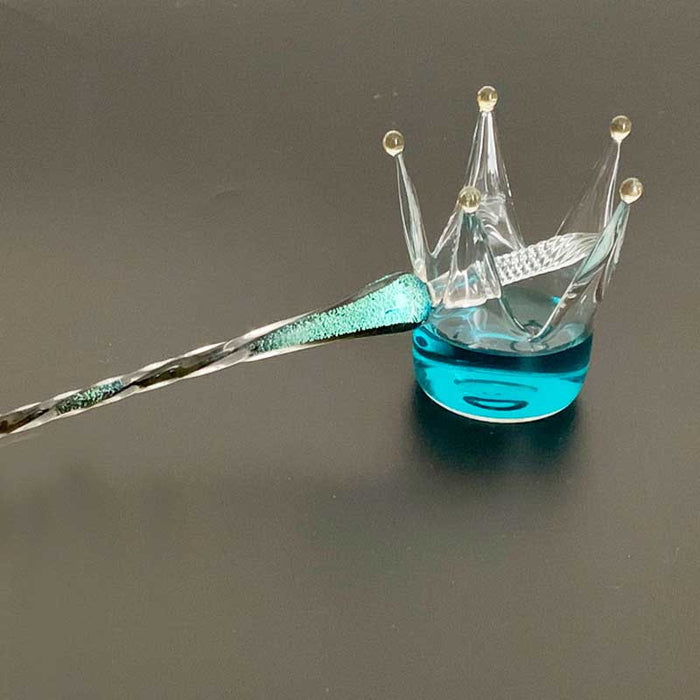 Crystal Clear Glass Inkwell Pen Holder: clear, turquoise blue crown, decorative fantasy style