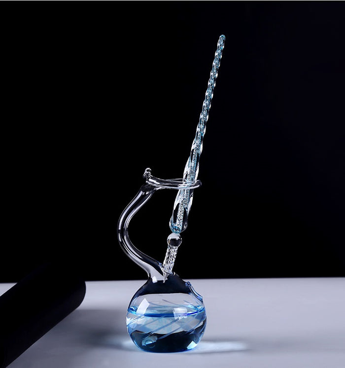 Crystal Clear Glass Inkwell Pen Holder: clear, turquoise blue crown, decorative fantasy style