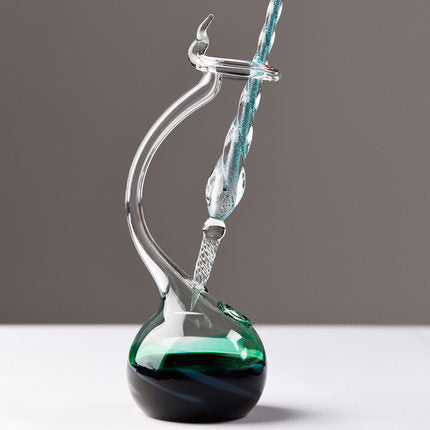 Crystal Clear Glass Inkwell Pen Holder: clear, turquoise blue crown, decorative fantasy style