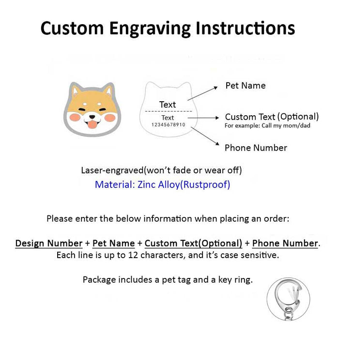 Customizable Dog ID Tag with Engraving: white, black cartoon dog face, kawaii cartoon style