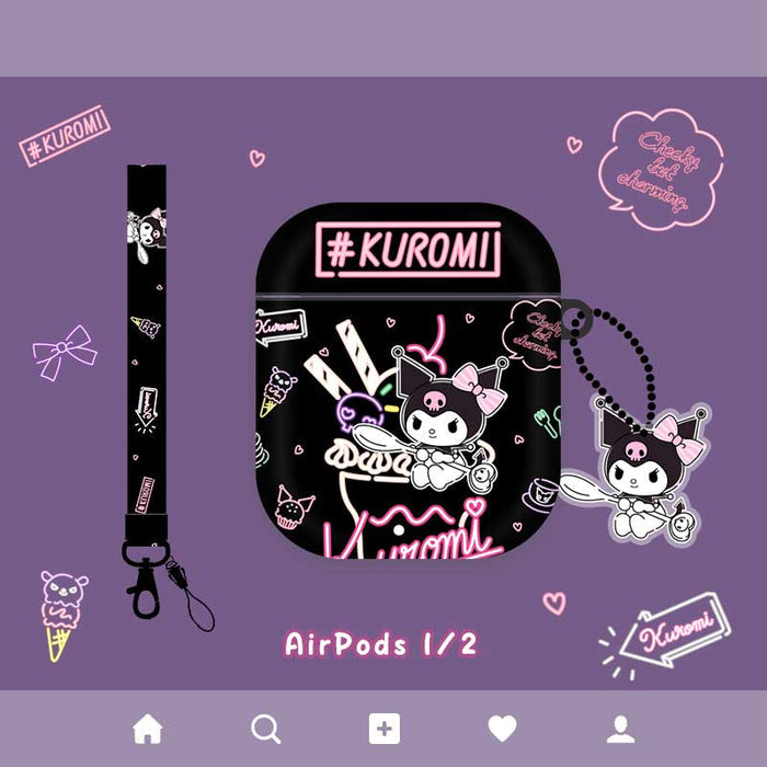 Cute AirPods Case with Kawaii Design: black, purple Kuromi character, kawaii cartoon style
