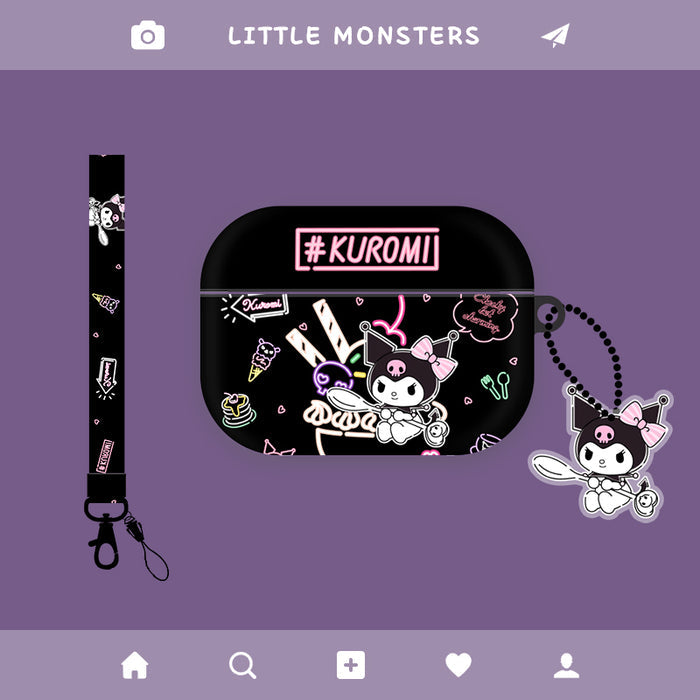 Cute AirPods Case with Kawaii Design: black, purple Kuromi character, kawaii cartoon style