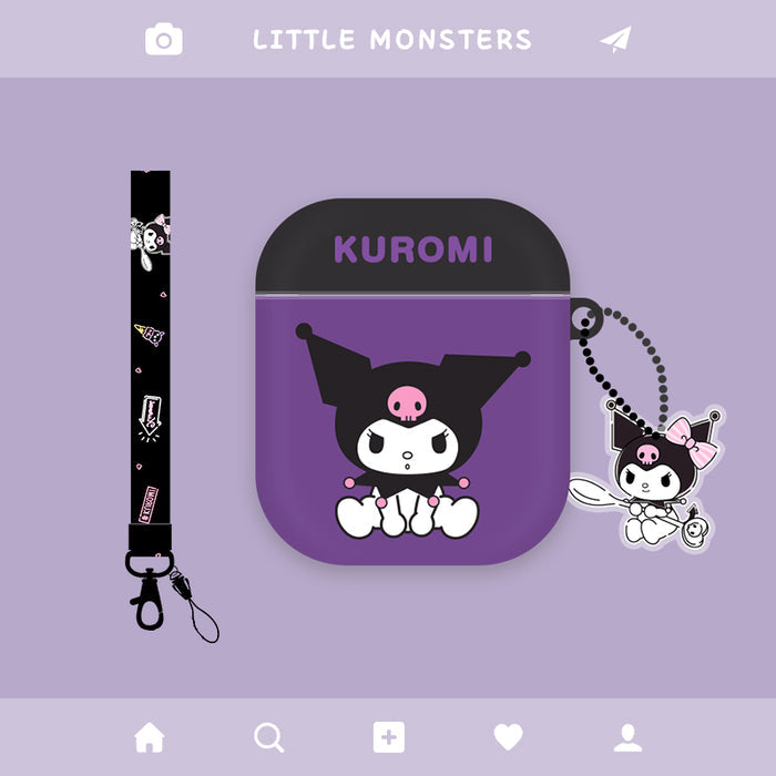 Cute AirPods Case with Kawaii Design: black, purple Kuromi character, kawaii cartoon style