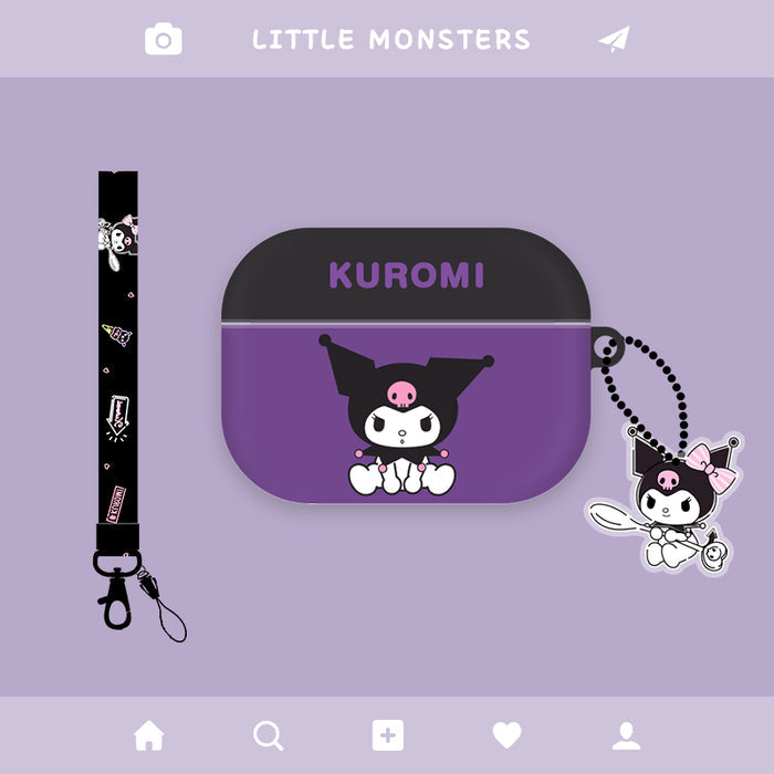 Cute AirPods Case with Kawaii Design: black, purple Kuromi character, kawaii cartoon style