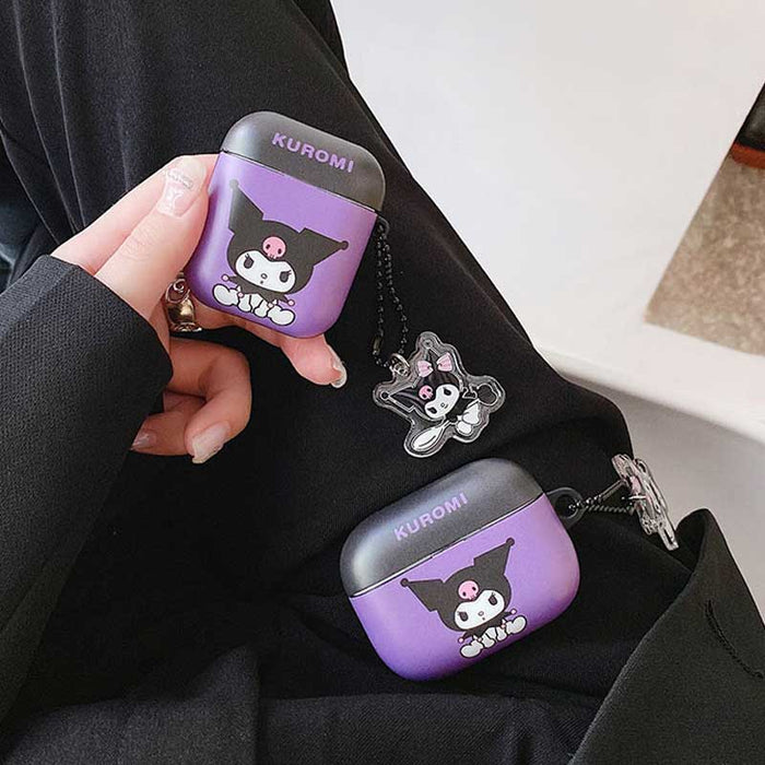 Cute AirPods Case with Kawaii Design: black, purple Kuromi character, kawaii cartoon style