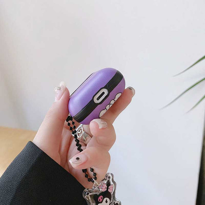 Cute AirPods Case with Kawaii Design: black, purple Kuromi character, kawaii cartoon style