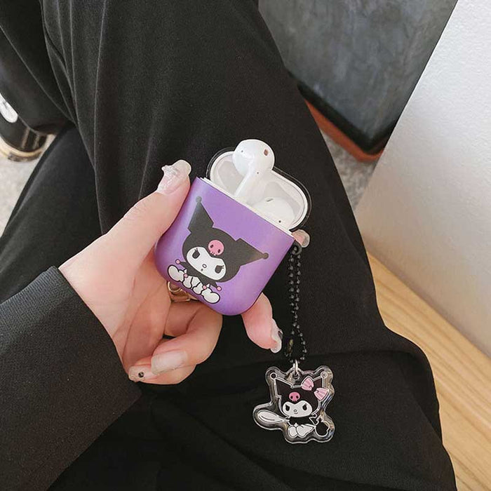 Cute AirPods Case with Kawaii Design: black, purple Kuromi character, kawaii cartoon style