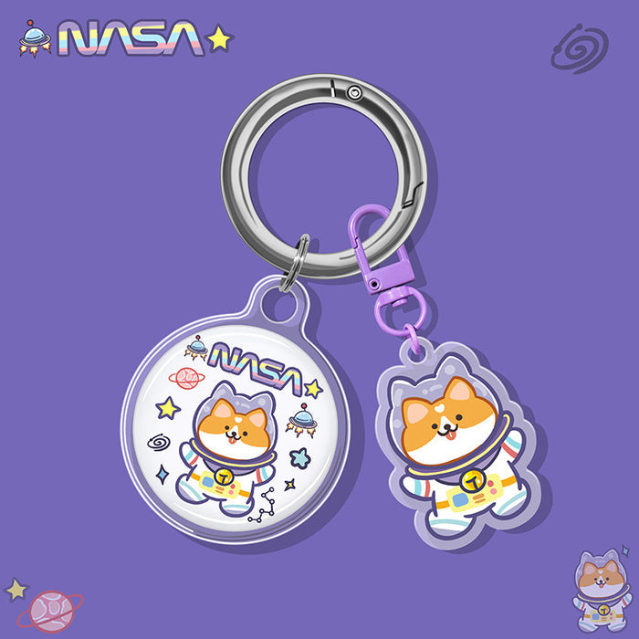 Cute AirTag Case Keychain with Charm: purple, white Shiba Inu dog astronaut / NASA space theme, kawaii cartoon style