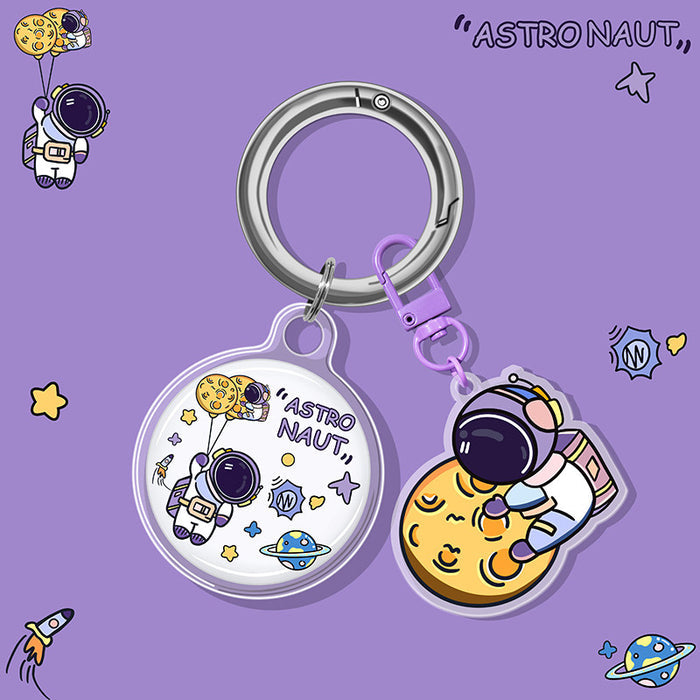 Cute AirTag Case Keychain with Charm: purple, white Shiba Inu dog astronaut / NASA space theme, kawaii cartoon style