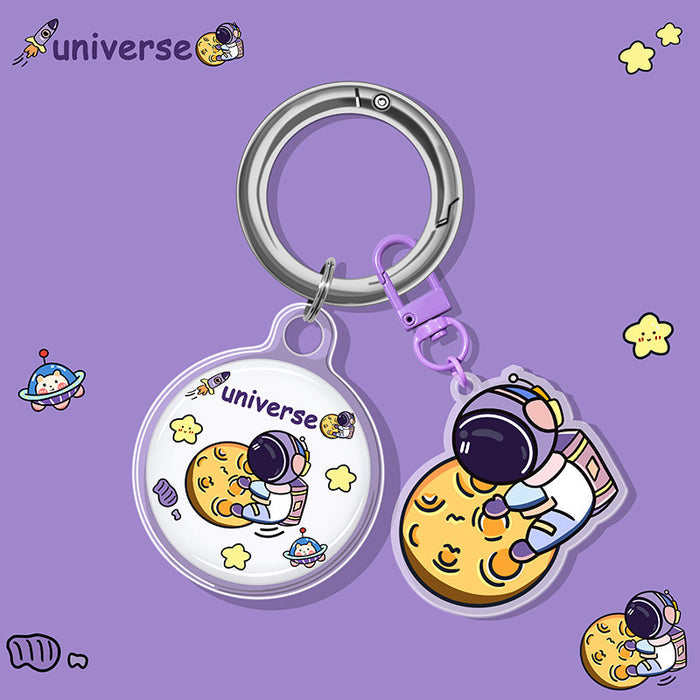 Cute AirTag Case Keychain with Charm: purple, white Shiba Inu dog astronaut / NASA space theme, kawaii cartoon style