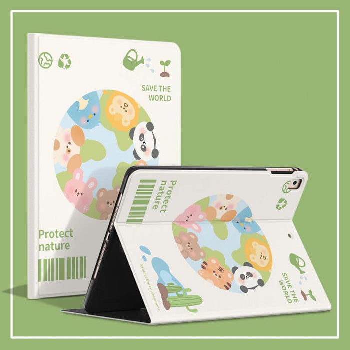 Cute Animal iPad Cases with Silk Texture: white, green cartoon Earth with animals and nature theme, kawaii cartoon eco-themed