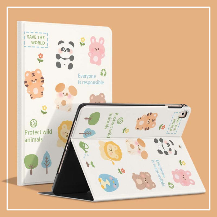 Cute Animal iPad Cases with Silk Texture: white, green cartoon Earth with animals and nature theme, kawaii cartoon eco-themed