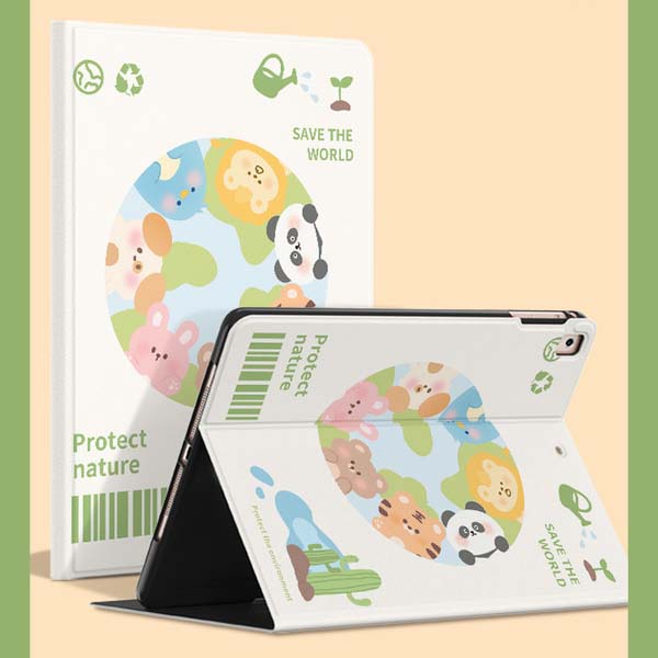 Cute Animal iPad Cases with Silk Texture: white, green cartoon Earth with animals and nature theme, kawaii cartoon eco-themed