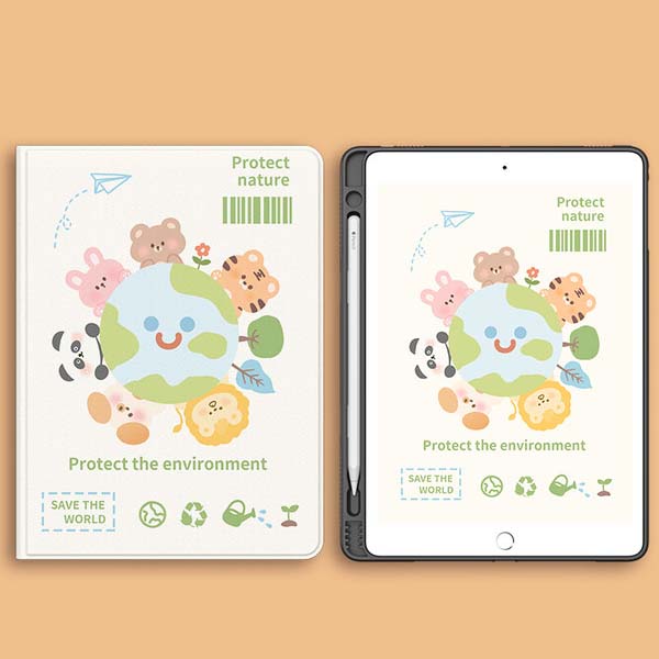 Cute Animal iPad Cases with Silk Texture: white, green cartoon Earth with animals and nature theme, kawaii cartoon eco-themed