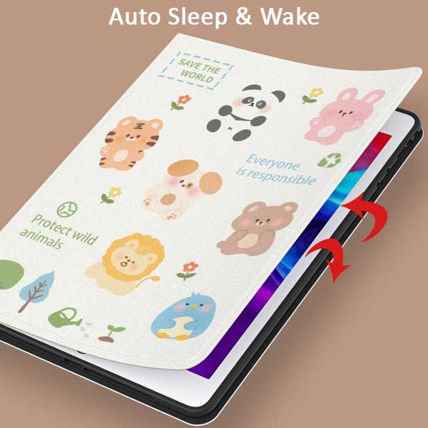Cute Animal iPad Cases with Silk Texture: white, green cartoon Earth with animals and nature theme, kawaii cartoon eco-themed