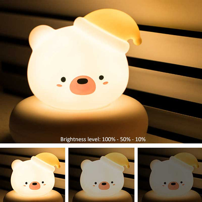 Cute Animal Night Lights with Touch Sensor: white, warm yellow bear character, kawaii cartoon style