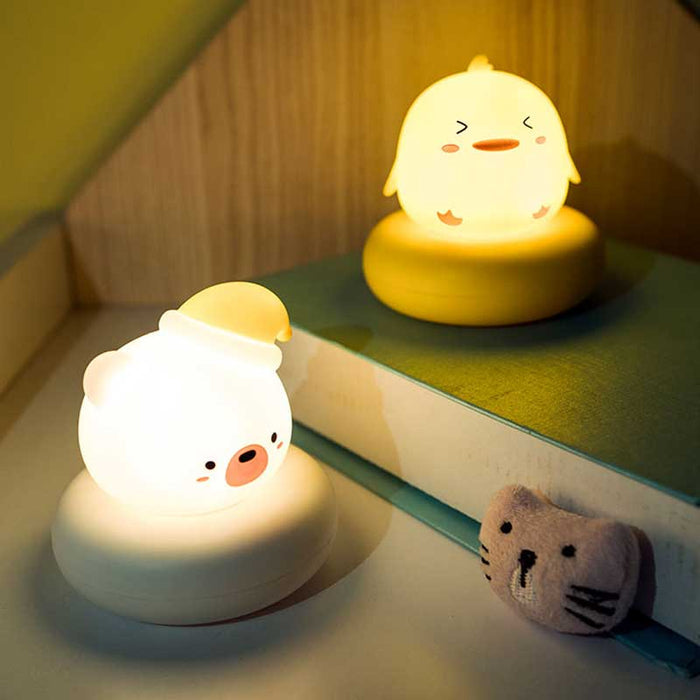Cute Animal Night Lights with Touch Sensor: white, warm yellow bear character, kawaii cartoon style