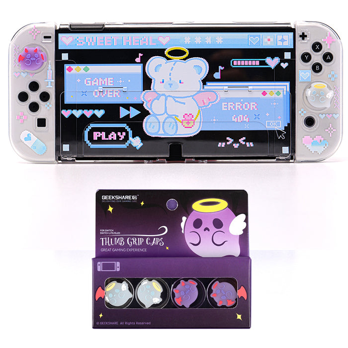 Cute Bear Switch OLED Case: silver, gray cartoon elephant with halo, kawaii pixel-art cartoon style