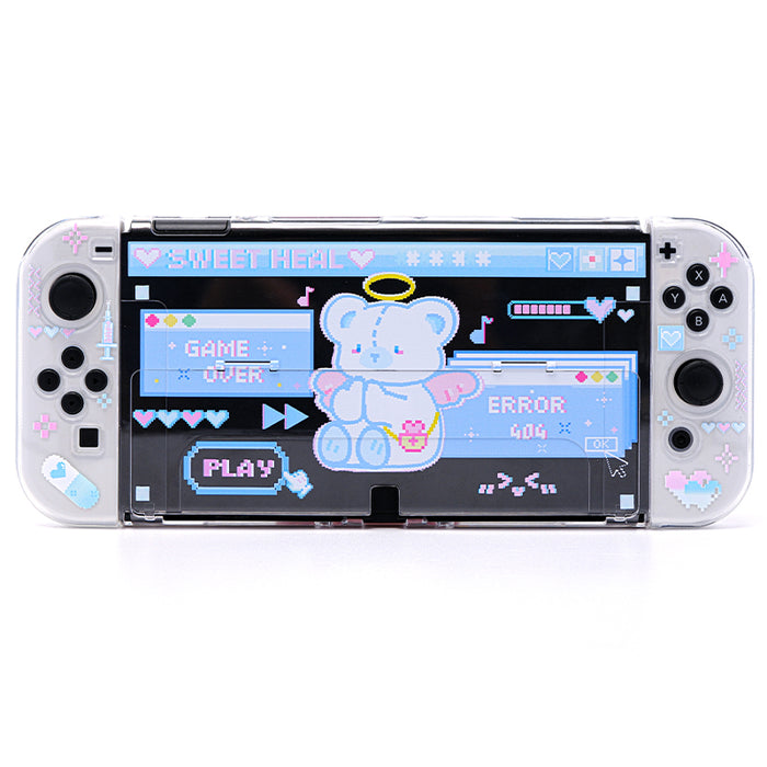 Cute Bear Switch OLED Case: silver, gray cartoon elephant with halo, kawaii pixel-art cartoon style