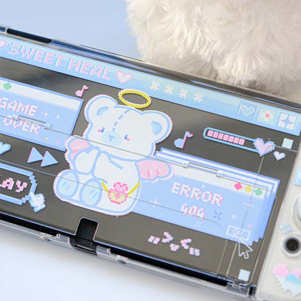 Cute Bear Switch OLED Case: silver, gray cartoon elephant with halo, kawaii pixel-art cartoon style